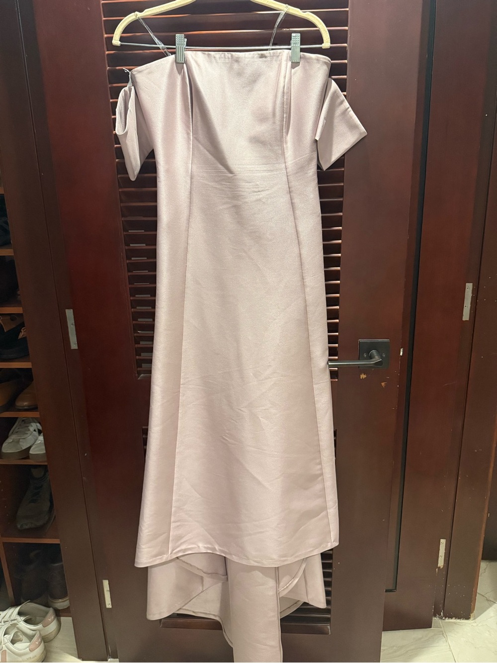 Sachin + Babi Dusty Blush Off-Shoulder High-Low Gown